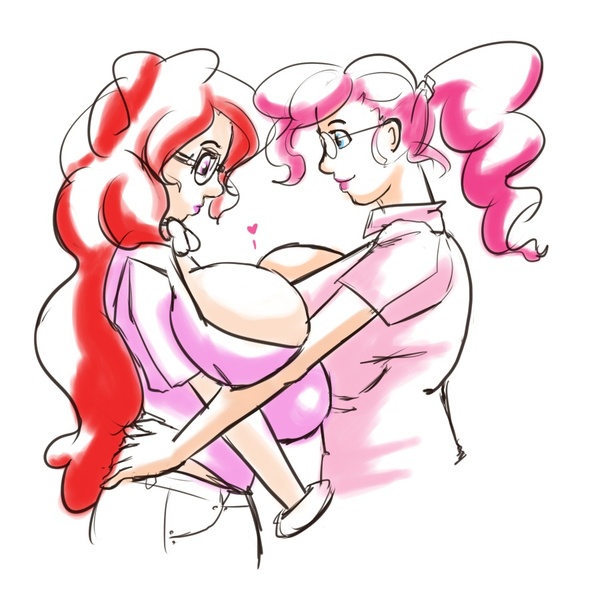 Size: 900x900 | Tagged: artist:moronsonofboron, breasts, busty pinkie pie, busty twist, clothes, derpibooru import, duo, duo female, female, females only, glasses, grope, humanized, lipstick, older, pinkie pie, smiling, suggestive, symmetrical docking, twist