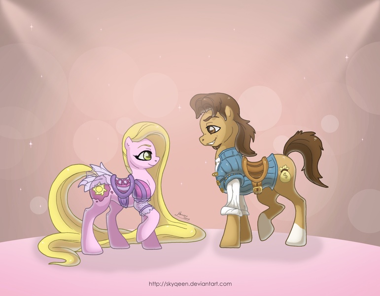 Size: 4000x3112 | Tagged: artist:almairis, clothes, couple, derpibooru import, disney, disney princess, flynn rider, impossibly long hair, impossibly long tail, long hair, long mane, long tail, love, my disney pony, ponified, rapunzel, saddle, safe, shipping, tangled (disney)