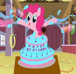 Size: 900x874 | Tagged: artist:japaneseteeth, balloon, birthday, cake, derpibooru import, happy birthday, pinkie pie, pop out cake, safe, surprise cake