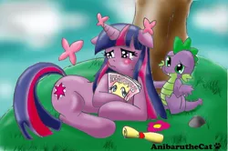 Size: 800x531 | Tagged: artist:anibaruthecat, derpibooru import, fluttershy, safe, shipping, spike, twilight sparkle, twishy