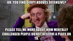 Size: 400x225 | Tagged: safe, derpibooru import, derpy hooves, human, all caps, condescending wonka, derpygate, image macro, impact font, irl, meme, photo