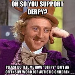 Size: 311x311 | Tagged: safe, derpibooru import, derpy hooves, pegasus, pony, all caps, background pony strikes again, condescending wonka, derpygate, female, image macro, impact font, mare, meme, mouthpiece, op has a point, photo, poe's law