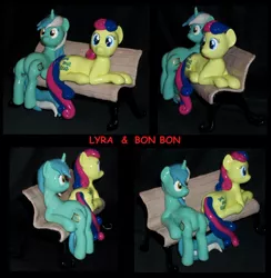 Size: 900x921 | Tagged: safe, artist:madponyscientist, derpibooru import, bon bon, lyra heartstrings, sweetie drops, pony, bench, craft, photo, sculpture, toy, traditional art