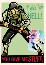 Size: 907x1280 | Tagged: semi-grimdark, derpibooru import, pinkie pie, princess celestia, twilight sparkle, alicorn, earth pony, pony, abuse, celestiabuse, female, furry, gun, hater, impalement, m1 garand, mare, pinkiebuse, soldier, twilybuse