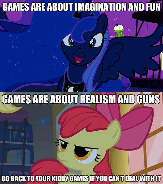 Size: 625x703 | Tagged: apple bloom, bridle gossip, derpibooru import, dialogue, duo, edit, edited screencap, gamer luna, image macro, luna eclipsed, meme, princess luna, safe, screencap