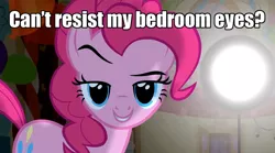 Size: 1280x713 | Tagged: safe, derpibooru import, edit, edited screencap, screencap, pinkie pie, earth pony, pony, party of one, bedroom eyes, bronybait, caption, dreamworks face, female, fourth wall, image macro, mare, meme, solo