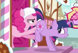 Size: 685x470 | Tagged: safe, derpibooru import, screencap, pinkie pie, twilight sparkle, unicorn, baby cakes, back hoof raised, butt touch, diaper, diaper on head, hoof on butt, out of context, pushing, rump push, unicorn twilight