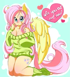 Size: 995x1100 | Tagged: artist:sugaryrainbow, breasts, clothes, derpibooru import, eared humanization, female, fluttershy, heart, humanized, leg warmers, solo, solo female, suggestive, sweater, sweatershy, tailed humanization, winged humanization