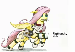 Size: 2480x1748 | Tagged: safe, artist:george5408, derpibooru import, edit, fluttershy, pegasus, pony, battlefield, defibrillator, medic, simple background, solo, white background