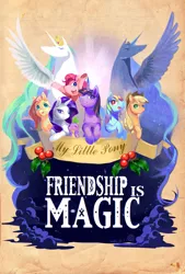 Size: 1181x1748 | Tagged: applejack, artist:eundari, derpibooru import, fluttershy, mane six, old banner, pinkie pie, poster, princess celestia, princess luna, rainbow dash, rarity, safe, spike, twilight sparkle