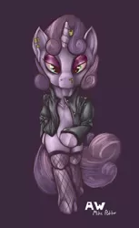 Size: 1172x1920 | Tagged: safe, artist:themessengerboy, derpibooru import, sweetie belle, pony, bipedal, clothes, ear piercing, eyeshadow, fishnets, horn piercing, jacket, leather jacket, makeup, meanie belle, nose piercing, piercing, solo, stockings