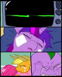 Size: 827x1025 | Tagged: applejack, artist:metal-kitty, bandage, comic, comic:mlp project, crying, death, derpibooru import, electrocardiogram, flatline, hospital, pinkie pie, sad, safe, spike, twilight sparkle