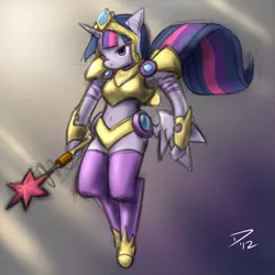 Size: 750x750 | Tagged: anthro, armor, artist:atticus83, belly button, breasts, derpibooru import, exposed belly, midriff, staff, suggestive, twilight sparkle, weapon