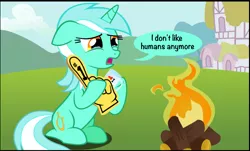 Size: 996x601 | Tagged: safe, artist:coltsteelstallion, derpibooru import, edit, lyra heartstrings, human, pony, unicorn, campfire, cropped, crying, cup, dialogue, female, fire, floppy ears, foam finger, frown, hoof hold, humie, i don't like humans anymore, lidded eyes, mare, meme, mug, open mouth, sad, sitting, solo, speech bubble, teary eyes