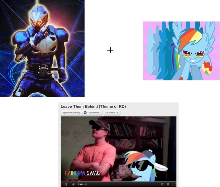 Size: 1217x1035 | Tagged: safe, derpibooru import, rainbow dash, human, pony, irl, kamen rider, kamen rider accel, kamen rider w, photo, song, youtube