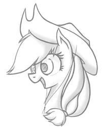 Size: 755x939 | Tagged: applejack, artist:ruby-hooves, bust, dead source, derpibooru import, g4, grayscale, monochrome, portrait, profile, safe, simple background, solo