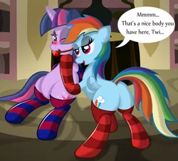 Size: 1307x1184 | Tagged: suggestive, artist:ziemniax, derpibooru import, rainbow dash, twilight sparkle, ballgag, blushing, bondage, clothes, female, gag, lesbian, plot, show accurate, show accurate porn, socks, striped socks, twidash