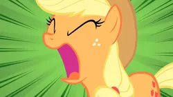 Size: 1280x720 | Tagged: applejack, derpibooru import, eyes closed, open mouth, over a barrel, safe, screencap, solo, yelling