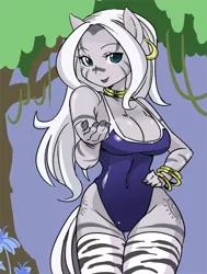 Size: 500x662 | Tagged: alternate hairstyle, ambiguous facial structure, anthro, artist:shepherd0821, beckoning, breasts, busty zecora, clothes, curvy, derpibooru import, everfree forest, hand on hip, looking at you, one-piece swimsuit, poison joke, stockings, stupid sexy zecora, suggestive, swimsuit, zebra, zecora