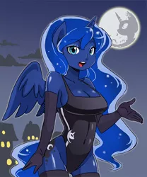 Size: 550x660 | Tagged: ambiguous facial structure, anthro, artist:shepherd0821, breasts, busty princess luna, clothes, derpibooru import, evening gloves, female, moon, one-piece swimsuit, princess luna, solo, solo female, stockings, suggestive, swimsuit