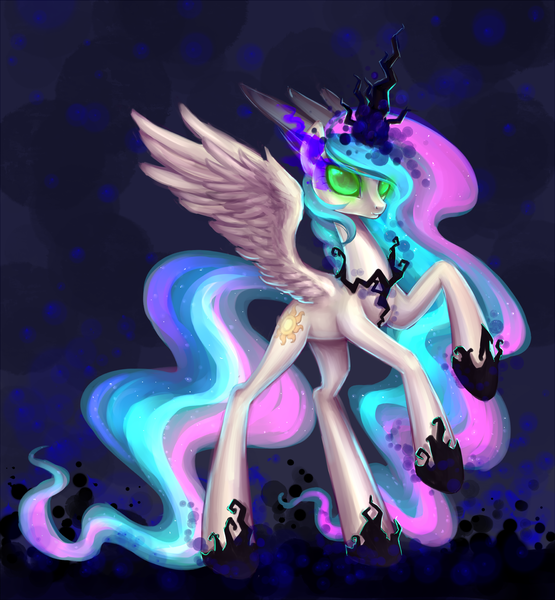 Size: 1850x2000 | Tagged: artist:nyarmarr, correstia, corrupted, corrupted celestia, corruptia, darklestia, dark magic, derpibooru import, princess celestia, rearing, safe, solo, sombra eyes, the crystal empire