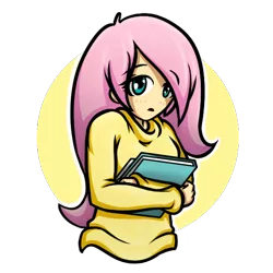 Size: 540x540 | Tagged: artist:evil-within-me, book, clothes, derpibooru import, female, fluttershy, human, humanized, looking at you, safe, simple background, solo, sweater, sweatershy, transparent background