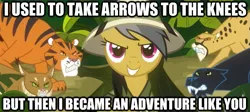 Size: 625x280 | Tagged: arrow to the knee, daring do, derpibooru import, image macro, safe, skyrim, the elder scrolls