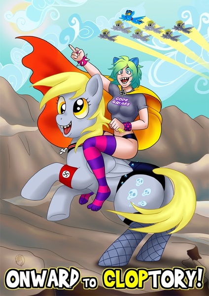 Size: 636x900 | Tagged: safe, artist:curtsibling, derpibooru import, derpy hooves, oc, oc:pegaslut, pegasus, pony, female, mare, nazi, plot, pony hitler, riding