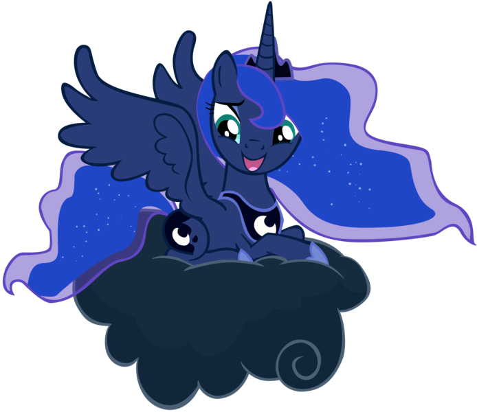 Size: 5000x4320 | Tagged: safe, artist:somepony, derpibooru import, princess luna, alicorn, pony, luna eclipsed, absurd resolution, cloud, cute, cutie mark, ethereal mane, female, hooves, horn, jewelry, lunabetes, lying on a cloud, mare, on a cloud, open mouth, regalia, simple background, solo, spread wings, starry mane, tiara, transparent background, vector, wings