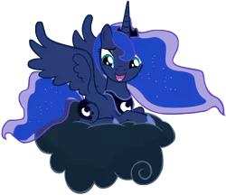 Size: 5000x4320 | Tagged: safe, artist:somepony, derpibooru import, princess luna, alicorn, pony, luna eclipsed, absurd resolution, cloud, cute, cutie mark, ethereal mane, female, hooves, horn, jewelry, lunabetes, lying on a cloud, mare, on a cloud, open mouth, regalia, simple background, solo, spread wings, starry mane, tiara, transparent background, vector, wings