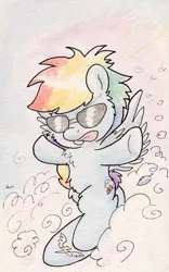 Size: 737x1179 | Tagged: safe, artist:slightlyshade, derpibooru import, rainbow dash, cloud, cloudy, solo, sunglasses, surfing, tongue out, traditional art