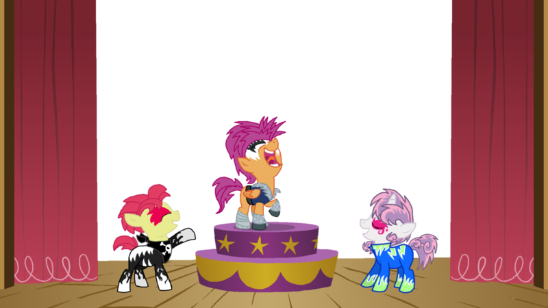 Size: 1024x576 | Tagged: safe, artist:starryoak, derpibooru import, apple bloom, scootaloo, sweetie belle, earth pony, pegasus, pony, unicorn, the show stoppers, applebuck, clothes, cutie mark crusaders, rule 63, scene interpretation, scooteroll, show stopper outfits, silver bell, simple background, transparent background