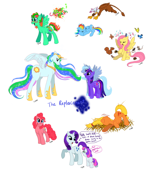 Size: 1242x1422 | Tagged: safe, artist:c-puff, derpibooru import, applejack, fluttershy, gilda, pinkie pie, princess celestia, princess luna, rainbow dash, rarity, sweetie belle, twilight sparkle, oc, gryphon, story of the blanks, sleeping