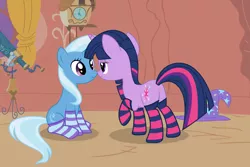 Size: 4486x3000 | Tagged: suggestive, artist:alexiy777, derpibooru import, trixie, twilight sparkle, bedroom eyes, clothes, female, golden oaks library, lesbian, library, shipping, show accurate, socks, striped socks, twixie, vector