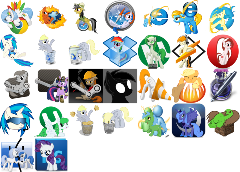 Size: 900x643 | Tagged: applejack, artist:pinkiepi314, browser ponies, daring do, derpibooru import, derpy hooves, filly, filly rarity, firefox, icon, internet browser, internet explorer, minecraft, oc, oc:internet explorer, opera, ponified, princess luna, rainbow dash, rarity, recycle bin, safari, safe, twilight sparkle, vinyl scratch, young, younger