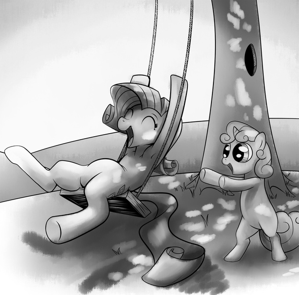 Size: 1200x1184 | Tagged: safe, artist:blue-von, derpibooru import, rarity, sweetie belle, pony, color me, duo, duo female, female, missing horn, monochrome, open mouth, sisters, swing