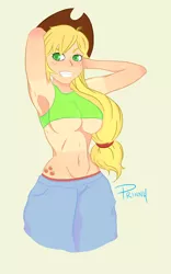 Size: 1000x1600 | Tagged: applebucking thighs, applejack, armpits, artist:flcl-prinny, artist:viewtifuljoex, belly button, breasts, busty applejack, derpibooru import, farmer's tan, female, humanized, midriff, solo, solo female, suggestive, tan lines, underboob