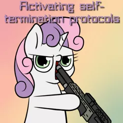 Size: 500x500 | Tagged: artist needed, semi-grimdark, derpibooru import, sweetie belle, pony, robot, robot pony, unicorn, female, filly, fish face, foal, gradient background, gun, hooves, horn, image macro, open mouth, reaction image, shotgun, solo, spas-12, suicide, sweetie bot, text, weapon