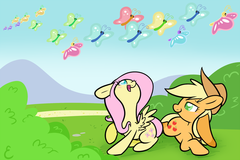 Size: 1600x1068 | Tagged: safe, artist:selective-yellow, derpibooru import, applejack, fluttershy, butterfly, earth pony, insect, pegasus, pony, appleshy, butterfly migration, duo, female, floppy ears, happy, lesbian, looking up, lying down, mare, migration, open mouth, prone, raised hoof, shipping, sitting, smiling