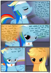 Size: 1741x2500 | Tagged: safe, artist:pyruvate, derpibooru import, applejack, rainbow dash, earth pony, pegasus, pony, comic:the usual, appledash, bedroom eyes, blushing, comic, female, lesbian, shipping, spa pony rainbow dash, tsunderainbow, tsundere