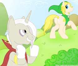 Size: 1048x881 | Tagged: safe, artist:anita-valo, derpibooru import, ponified, animated, clapping, clothes, flank, ghirahim, link, nintendo, plot, rapeface, smirk, the legend of zelda