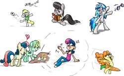 Size: 917x564 | Tagged: safe, artist:scrimpeh, derpibooru import, bon bon, carrot top, derpy hooves, golden harvest, lyra heartstrings, octavia melody, sweetie drops, vinyl scratch, earth pony, pegasus, pony, unicorn, adorabon, cute, cutie top, female, humanized, lyrabetes, mare, sketch dump, tavibetes, vinylbetes