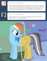 Size: 666x864 | Tagged: artist:drumblastingquilava, ask, askdashanddo, daring do, derpibooru import, portal, rainbow dash, safe, tumblr