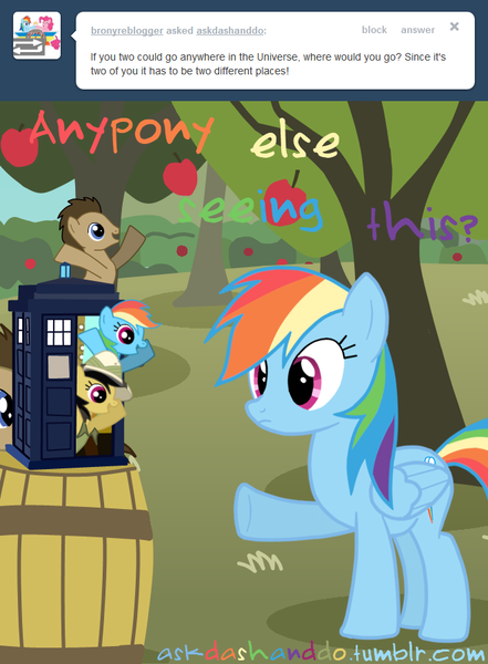 Size: 661x900 | Tagged: artist:drumblastingquilava, ask, askdashanddo, daring do, derpibooru import, doctor whooves, rainbow dash, safe, tardis, time turner, tumblr