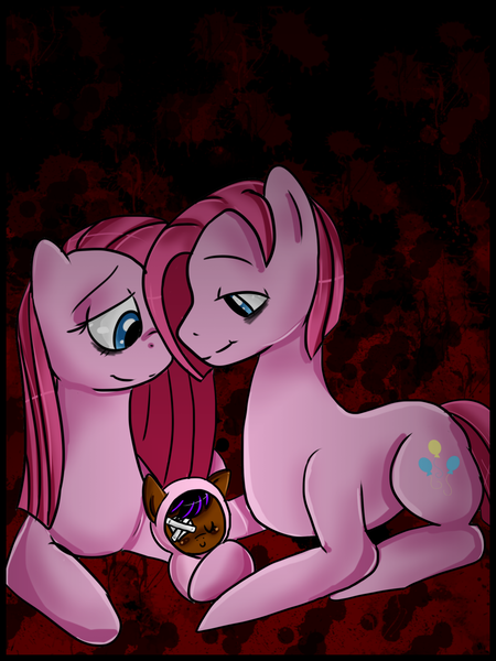 Size: 1200x1600 | Tagged: dead source, safe, artist:anaxboo, derpibooru import, pinkie pie, oc, pony, baby, baby pony, bandage, bubble berry, bubblepie, bubblini davinci berry, female, foal, male, offspring, parent:bubble berry, parent:pinkie pie, parents:bubblepie, parents:selfcest, pinkamena diane pie, product of incest, rule 63, self ponidox, selfcest, shipping, straight