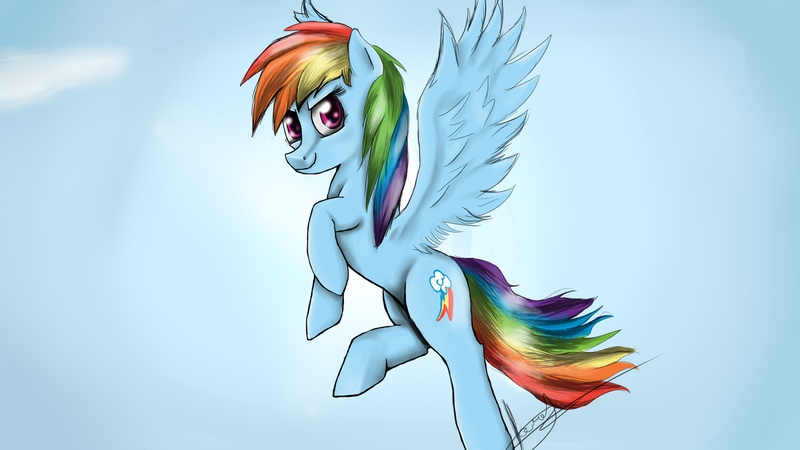 Size: 3507x1972 | Tagged: safe, artist:elanisha, derpibooru import, rainbow dash, pegasus, pony, female, flying, mare, signature, sky, solo