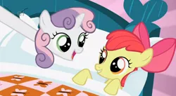 Size: 848x464 | Tagged: apple bloom, bed, derpibooru import, duo, hush now quiet now, long neck, long pony, safe, screencap, stare master, stretch, sweetie belle, sweetie giraffe