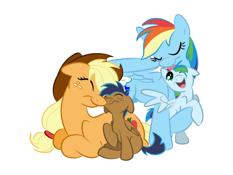 Size: 1600x1200 | Tagged: safe, artist:littletiger488, derpibooru import, applejack, rainbow dash, oc, oc:circuit, oc:eden, appledash, colt, family, female, foal, lesbian, licking, male, nuzzling, offspring, parent:applejack, parent:rainbow dash, parent:soarin', parents:soarindash, parents:soarinjack, shipping, sperm donation