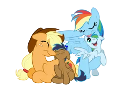 Size: 1600x1200 | Tagged: safe, artist:littletiger488, derpibooru import, applejack, rainbow dash, oc, oc:circuit, oc:eden, appledash, colt, family, female, foal, lesbian, licking, male, nuzzling, offspring, parent:applejack, parent:rainbow dash, parent:soarin', parents:soarindash, parents:soarinjack, shipping, sperm donation