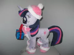 Size: 1024x768 | Tagged: safe, artist:greenteaplushies, derpibooru import, twilight sparkle, boots, clothes, hat, irl, photo, plushie, present, scarf, solo